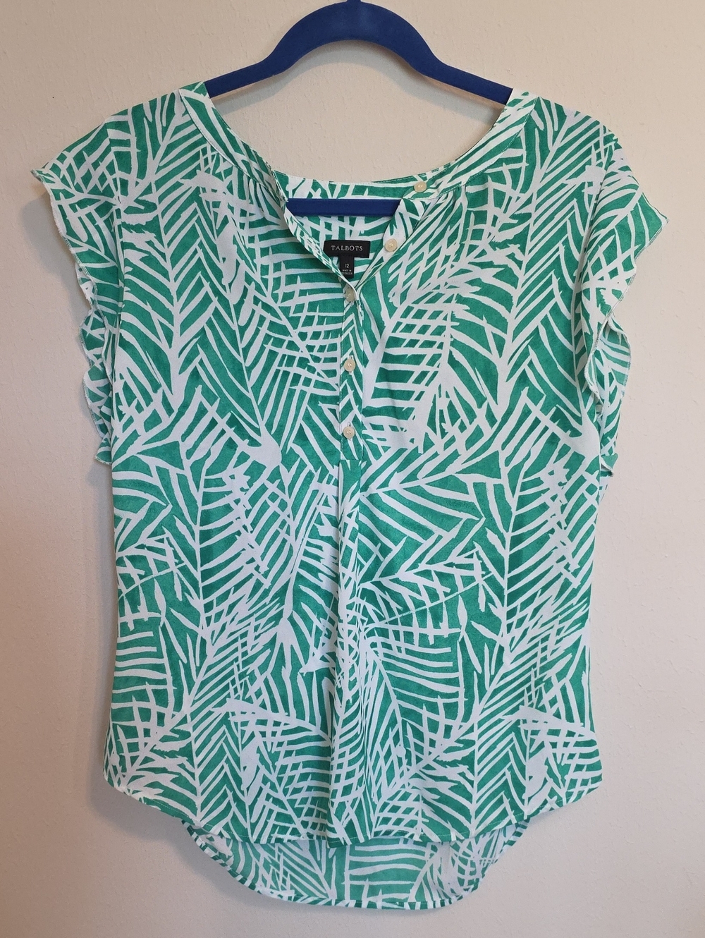 Talbots White and Green Palm-Print Cap Sleeve Blouse